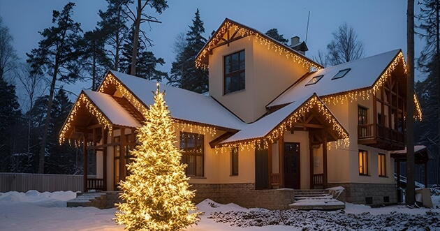 дом с новогодними фигурами украшенный светодиодной бахромой
